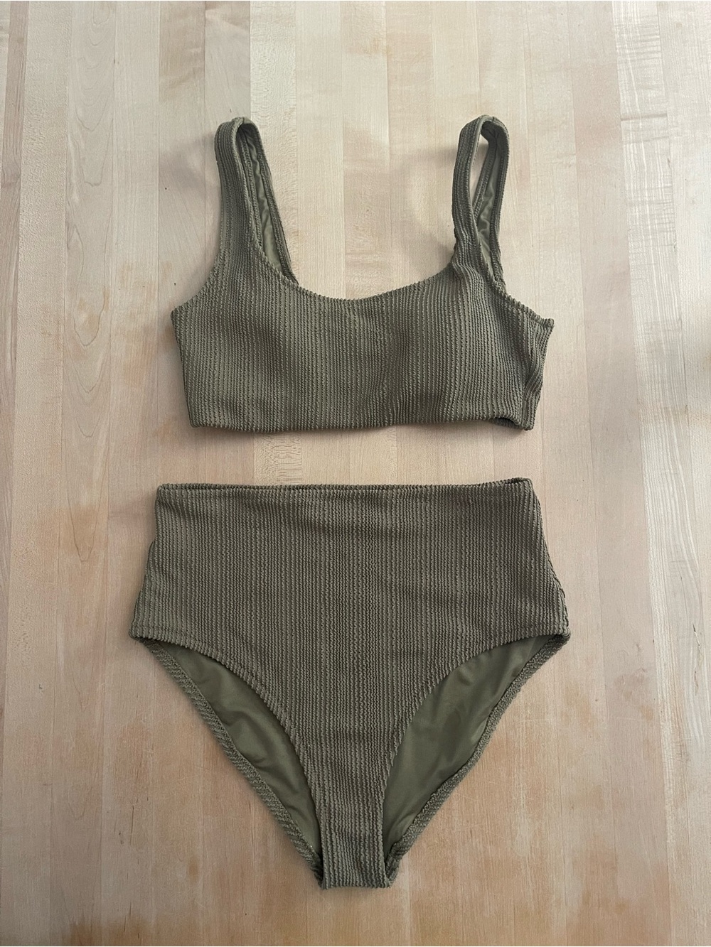 High-Waist Ribbed Bikini Set in Olive Green